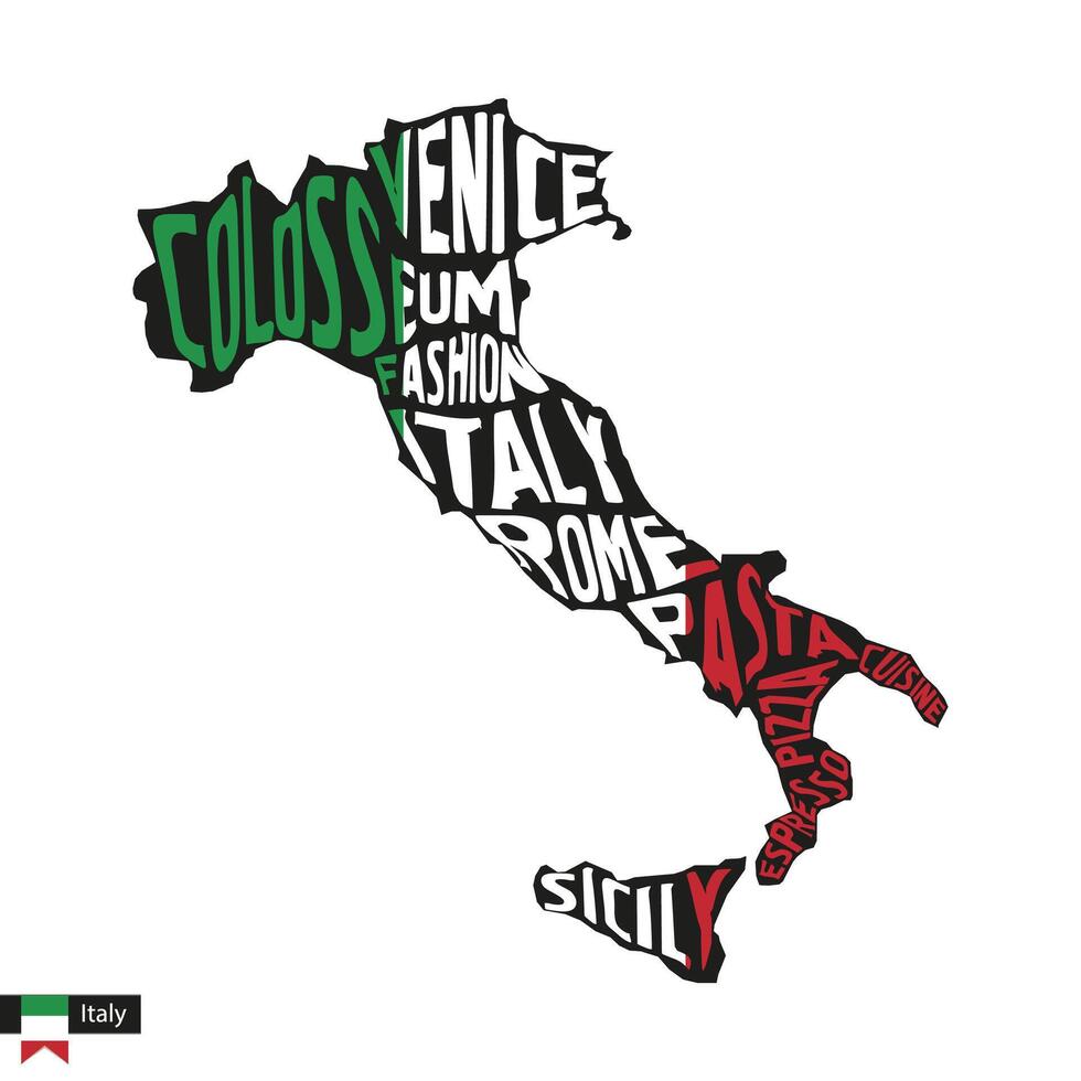 tipografia carta geografica silhouette di Italia nel nero e bandiera colori. vettore