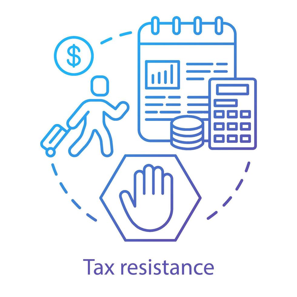 icona del concetto di resistenza fiscale. disobbedienza civile, illustrazione della linea sottile dell'idea di manifestazione del governo. contribuente con valigia, blocco note e calcolatrice vettore isolato disegno di contorno. evasione fiscale