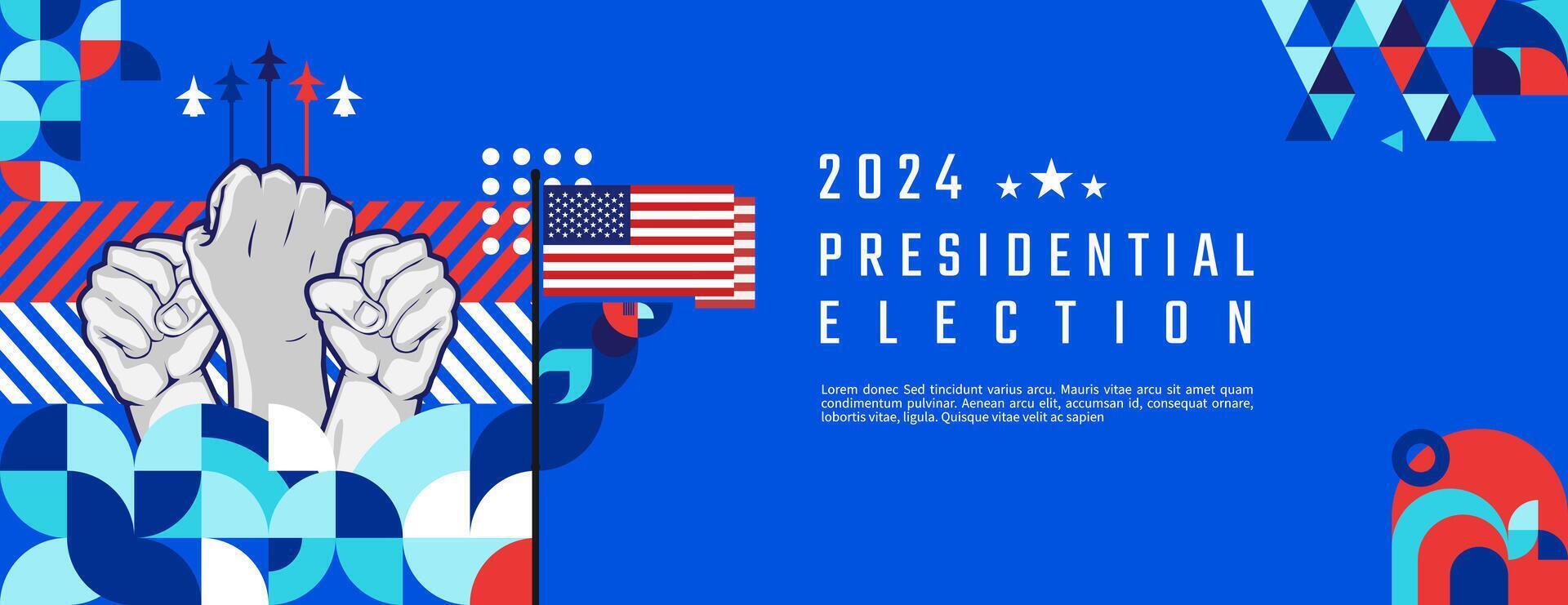 unito stati 2024 presidenziale elezione giorno bandiera nel moderno geometrico stile. americano elezione votazione campagna coperchio. sfondo vettore illustrazione