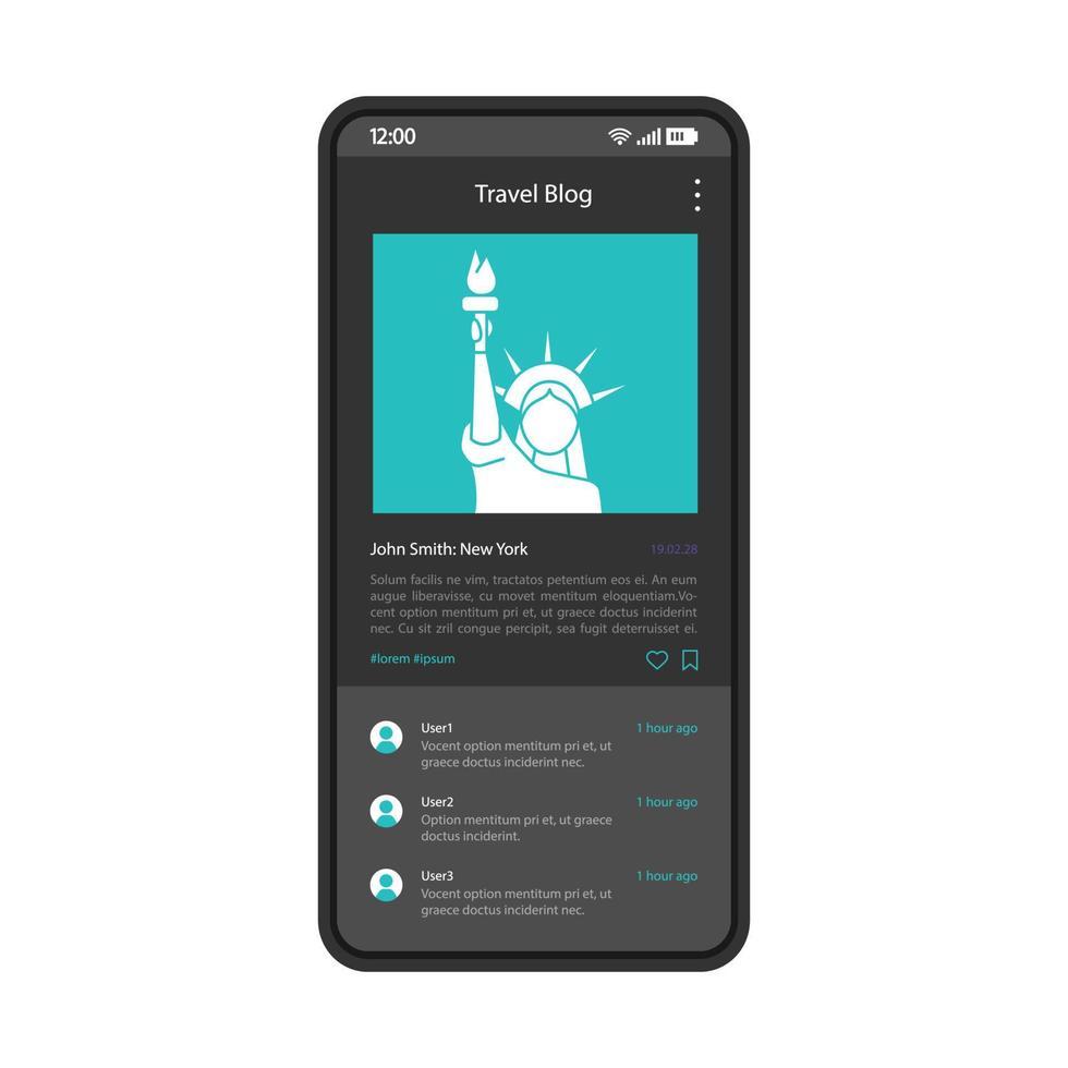 modello di vettore dell'interfaccia di social media del blog di viaggio. layout di progettazione della pagina dell'app mobile. schermata dell'account di social network con post. contenuto fotografico di New York. interfaccia utente piatta per l'applicazione. display del telefono con newsfeed