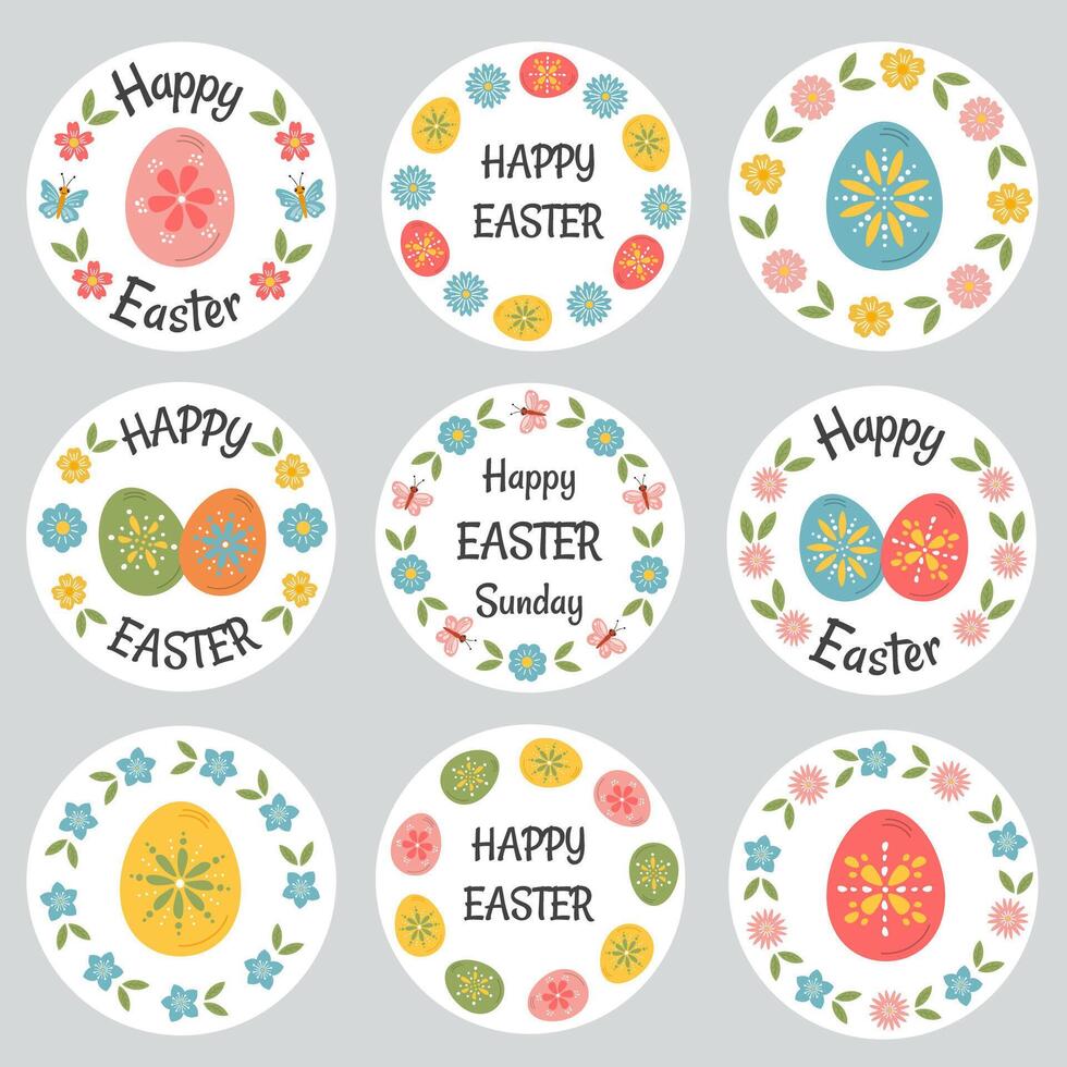 Pasqua badge e etichette vettore design elementi impostare. adesivi Pasqua modelli e oggetti, uova, fiori. contento Pasqua tipografia messaggi. Pasqua lettering floreale montatura e mano disegnato elementi.