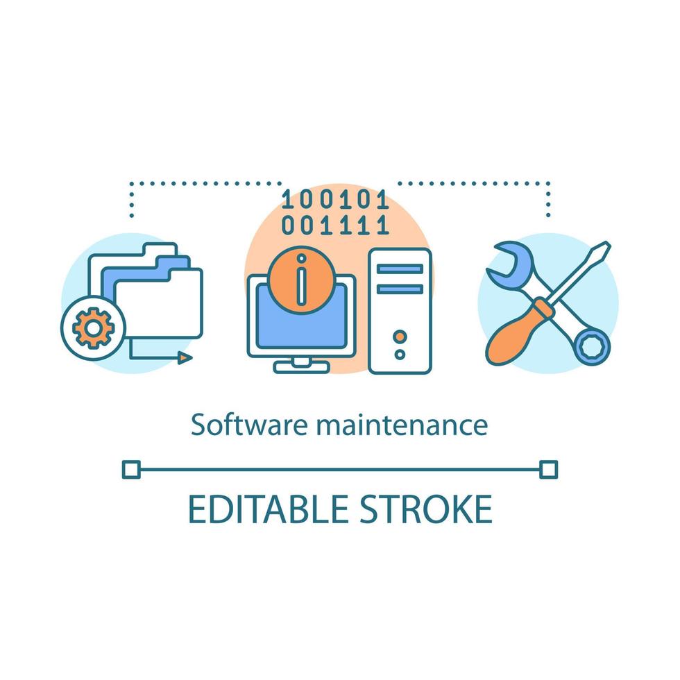 icona del concetto di manutenzione del software. correggere i difetti del programma, correggere gli errori. riparazione del computer, idea di installazione del sistema operativo illustrazione al tratto sottile. disegno vettoriale isolato profilo. tratto modificabile