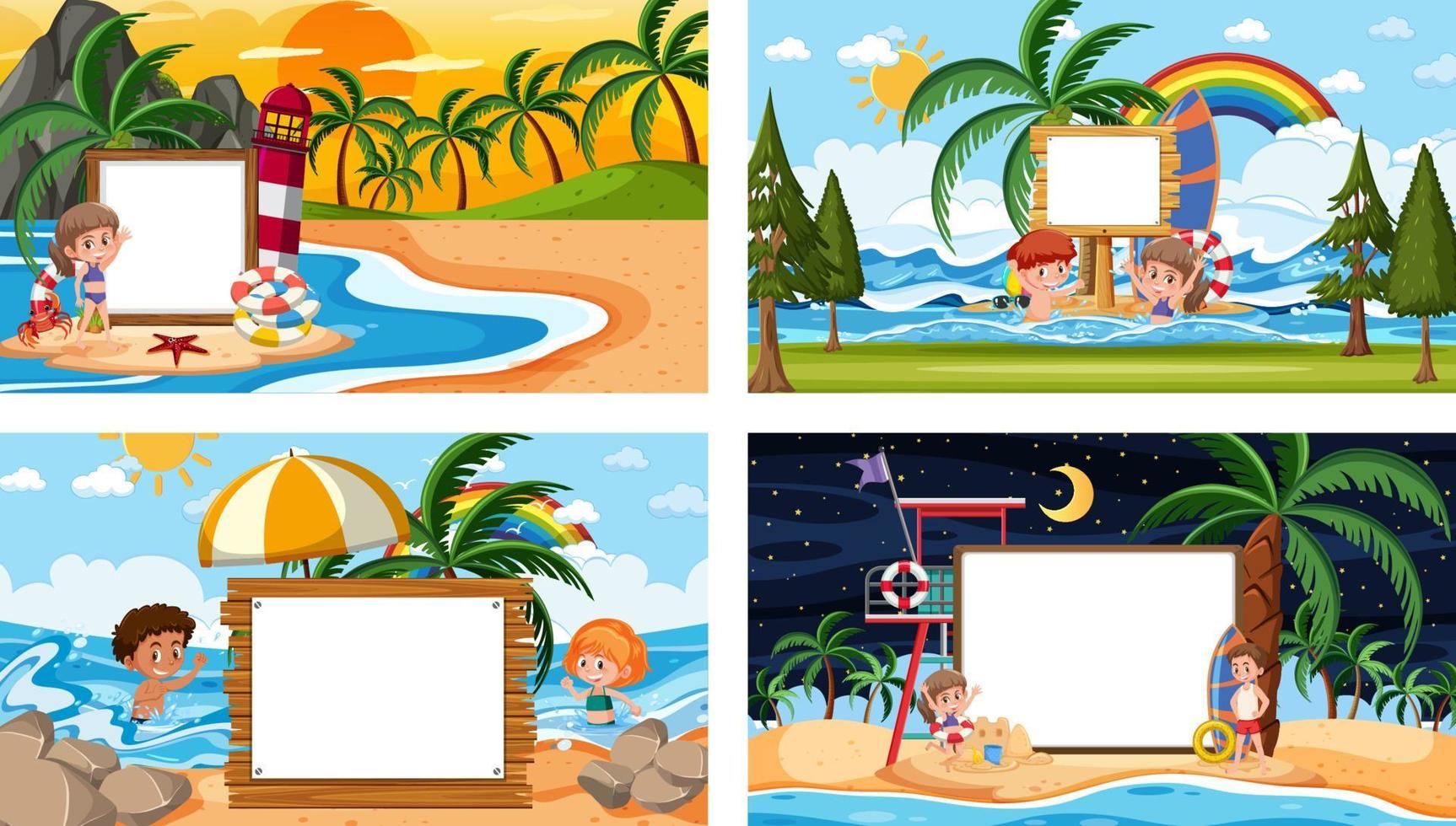 set di diverse scene di spiaggia tropicale con banner bianco vettore