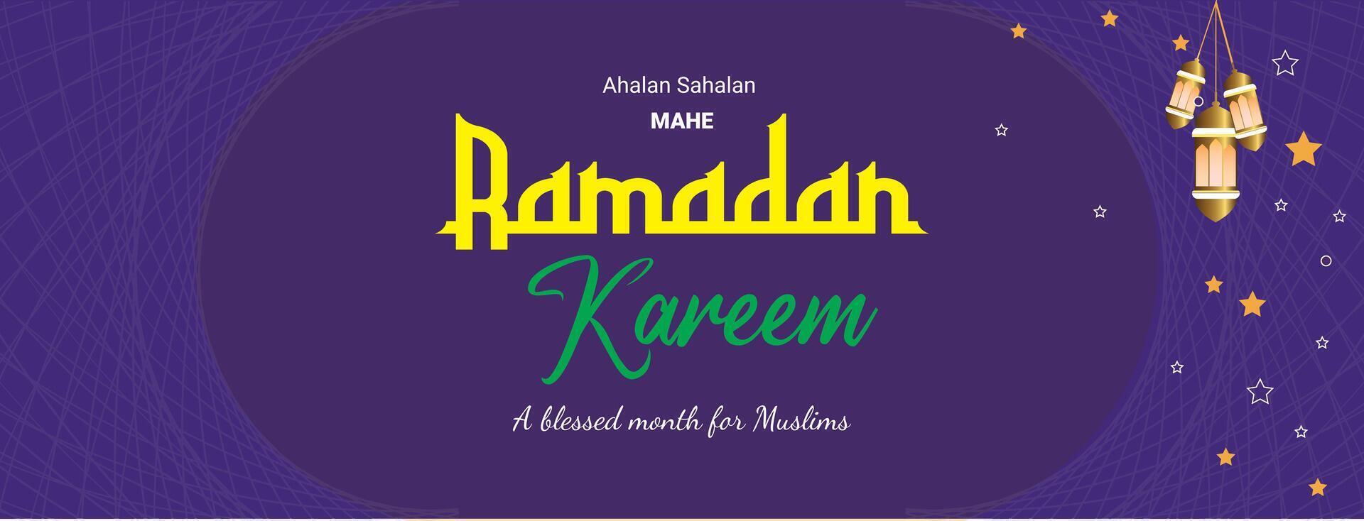 Ramadan kareem islamico Festival saluto bandiera con viola colore sfondo vettore