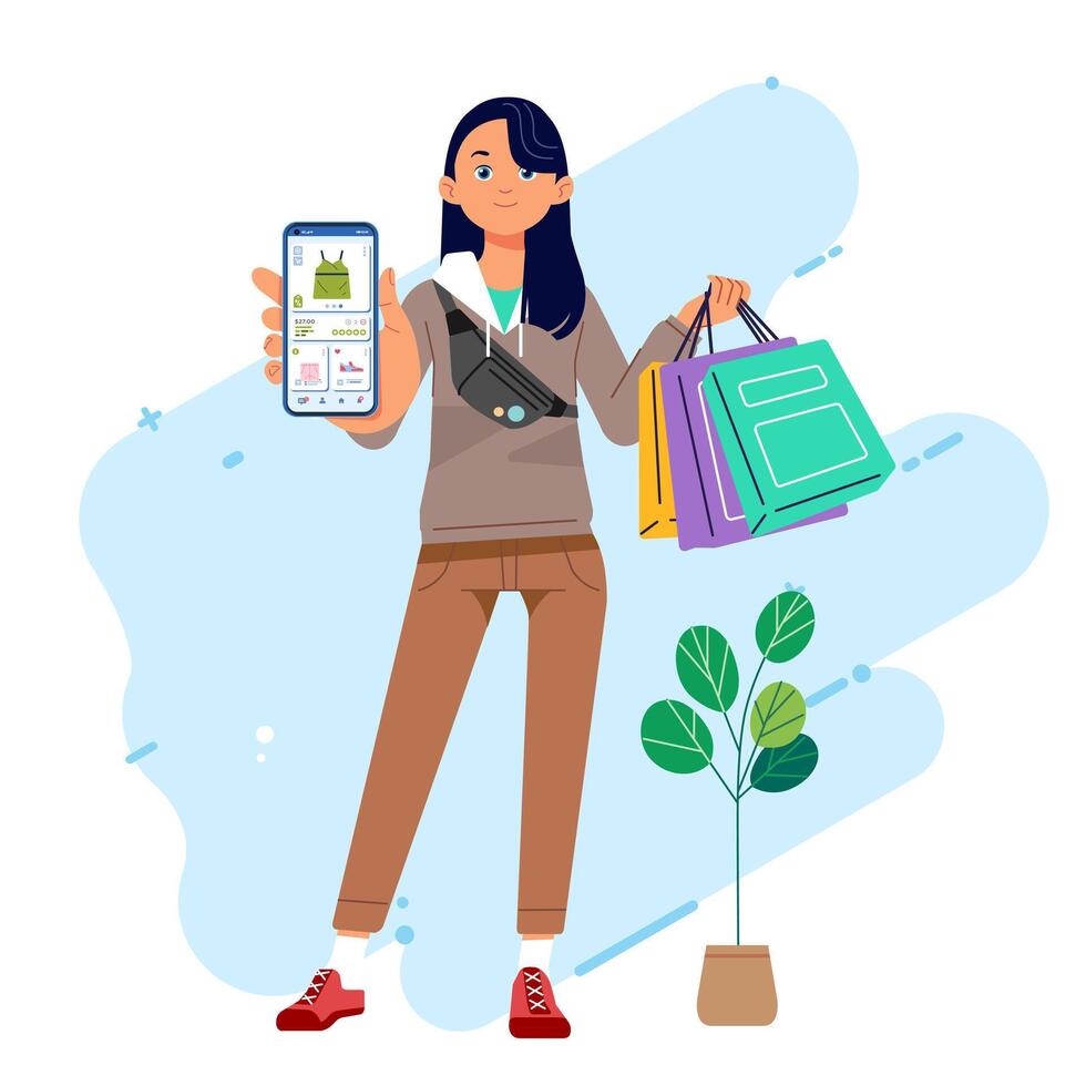 alla moda donna a centro commerciale mostrare in linea mobile App su Telefono shopping capi di abbigliamento memorizzare negozio vettore