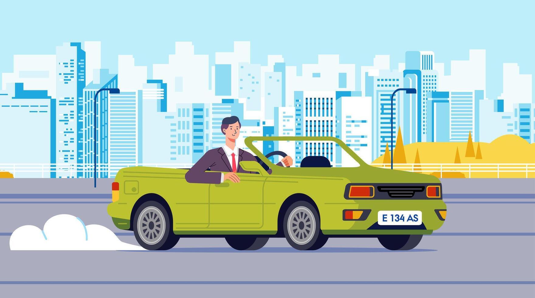uomo d'affari guida cabriolet auto su strada attraverso sobborgo lungo paesaggio urbano edifici vettore