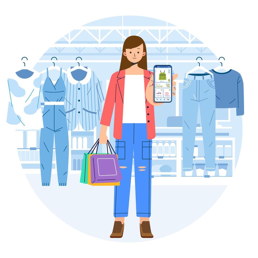 alla moda donna a centro commerciale mostrare in linea mobile App su Telefono shopping capi di abbigliamento memorizzare negozio vettore
