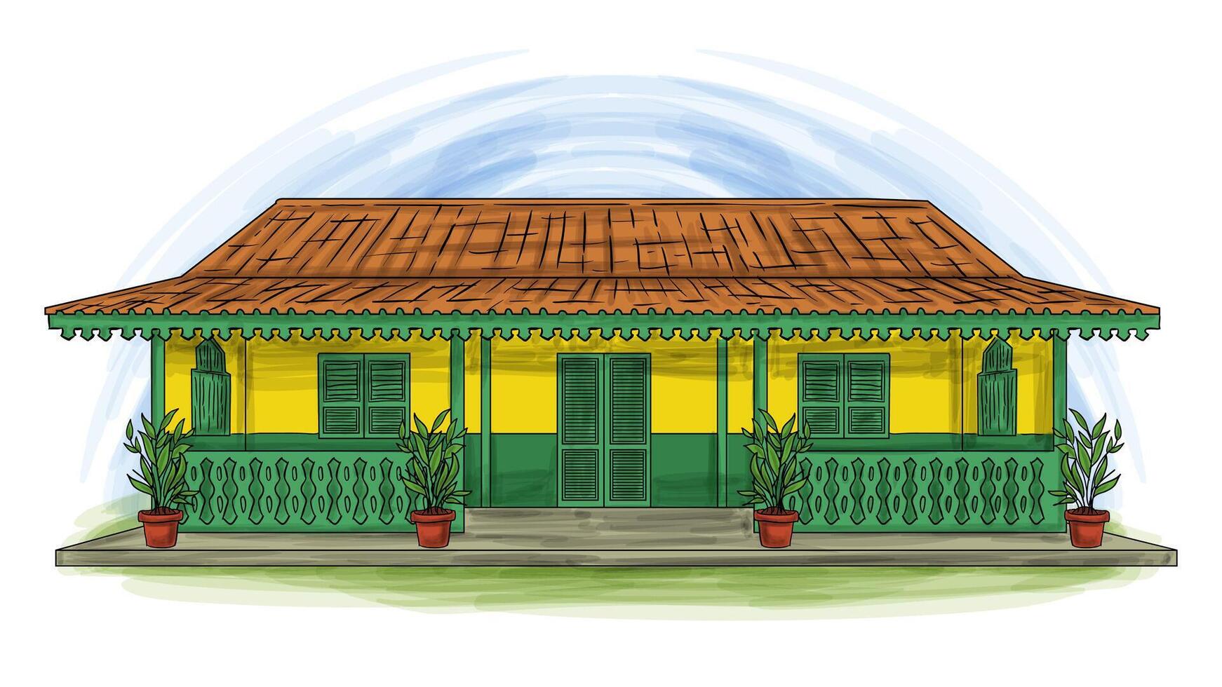 rumah Betawi tradizionale Betawi jakarta Indonesia Casa cartone animato mano disegnato illustrazione vettore
