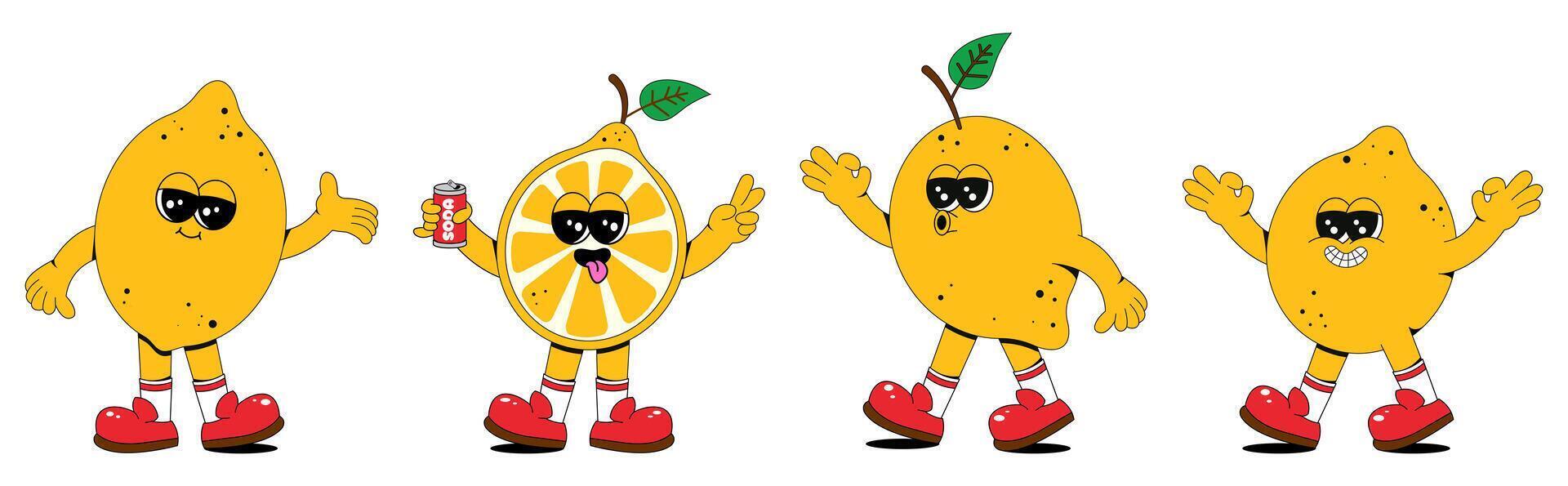 impostato di retrò cartone animato Limone frutta personaggi. un' moderno illustrazione con carino Limone mascotte nel diverso pose e emozioni, la creazione di un' Anni '70 comico libro vibrazione. vettore