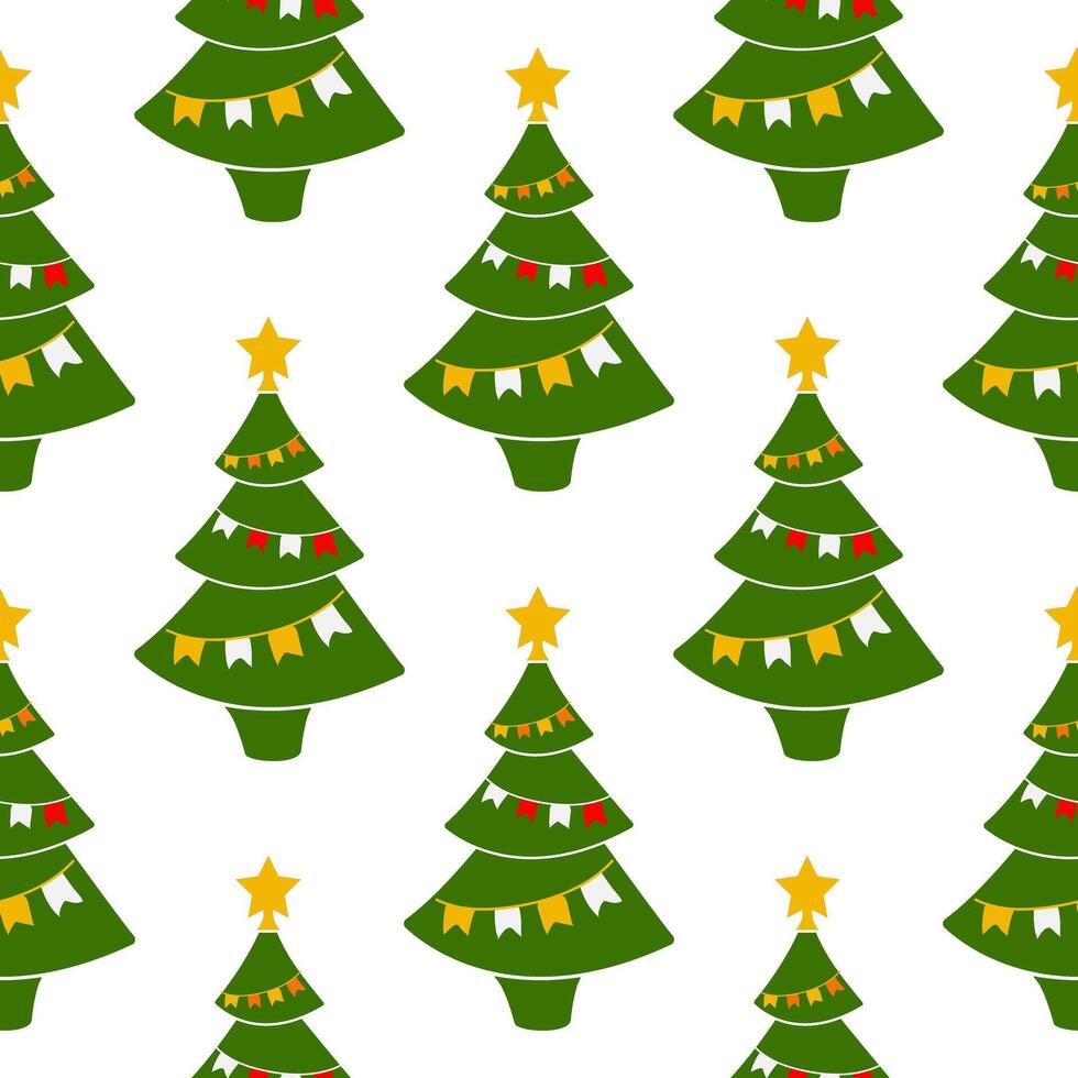 senza soluzione di continuità modello Natale albero con bandiere e stella. decorato conifero albero. Natale modello. vettore