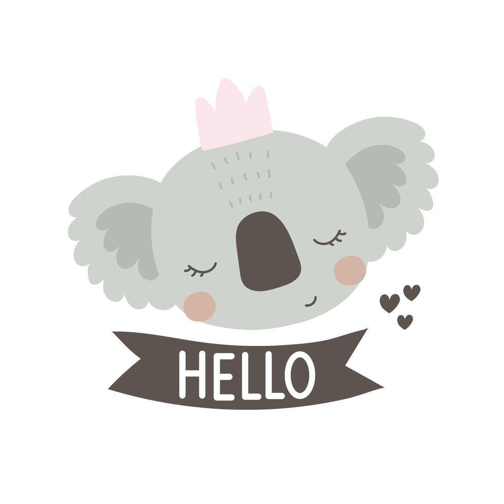 ciao. cartone animato koala, mano disegno scritte, decorativo elementi. piatto stile, colorato vettore per bambini. bambino design per carte, manifesto decorazione, maglietta Stampa