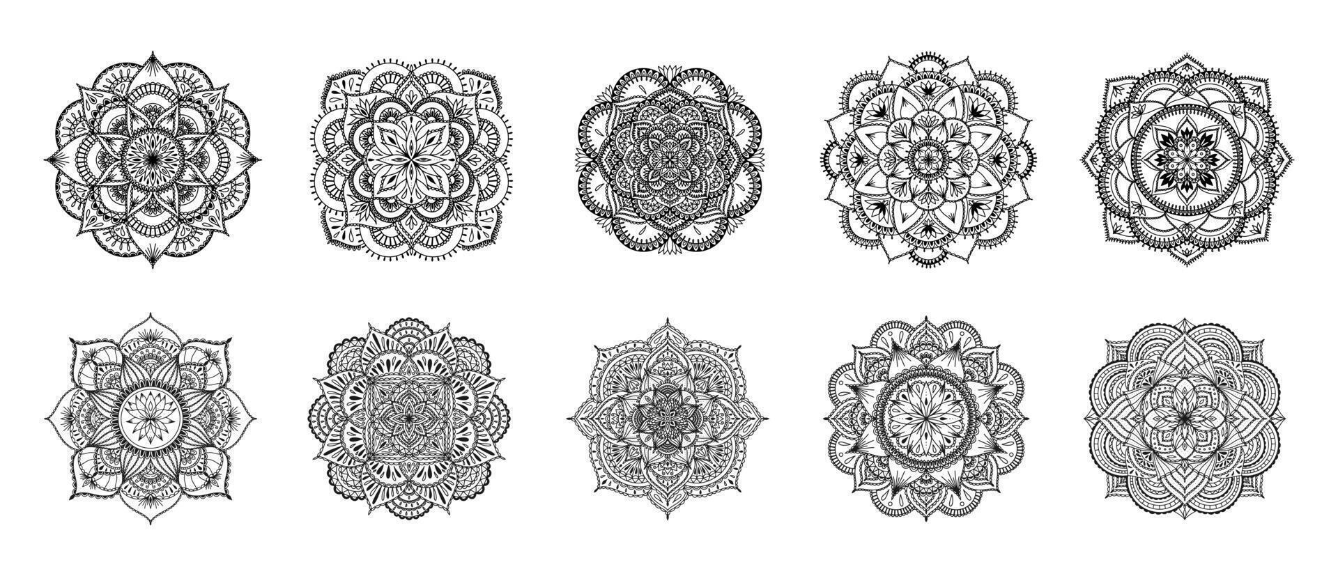 impostato di mandala per henné, mehndi, tatuaggio, decorazione, colorazione libro. decorativo il giro ornamenti. etnico orientale circolare ornamento vettore. anti stress terapia disegno vettore