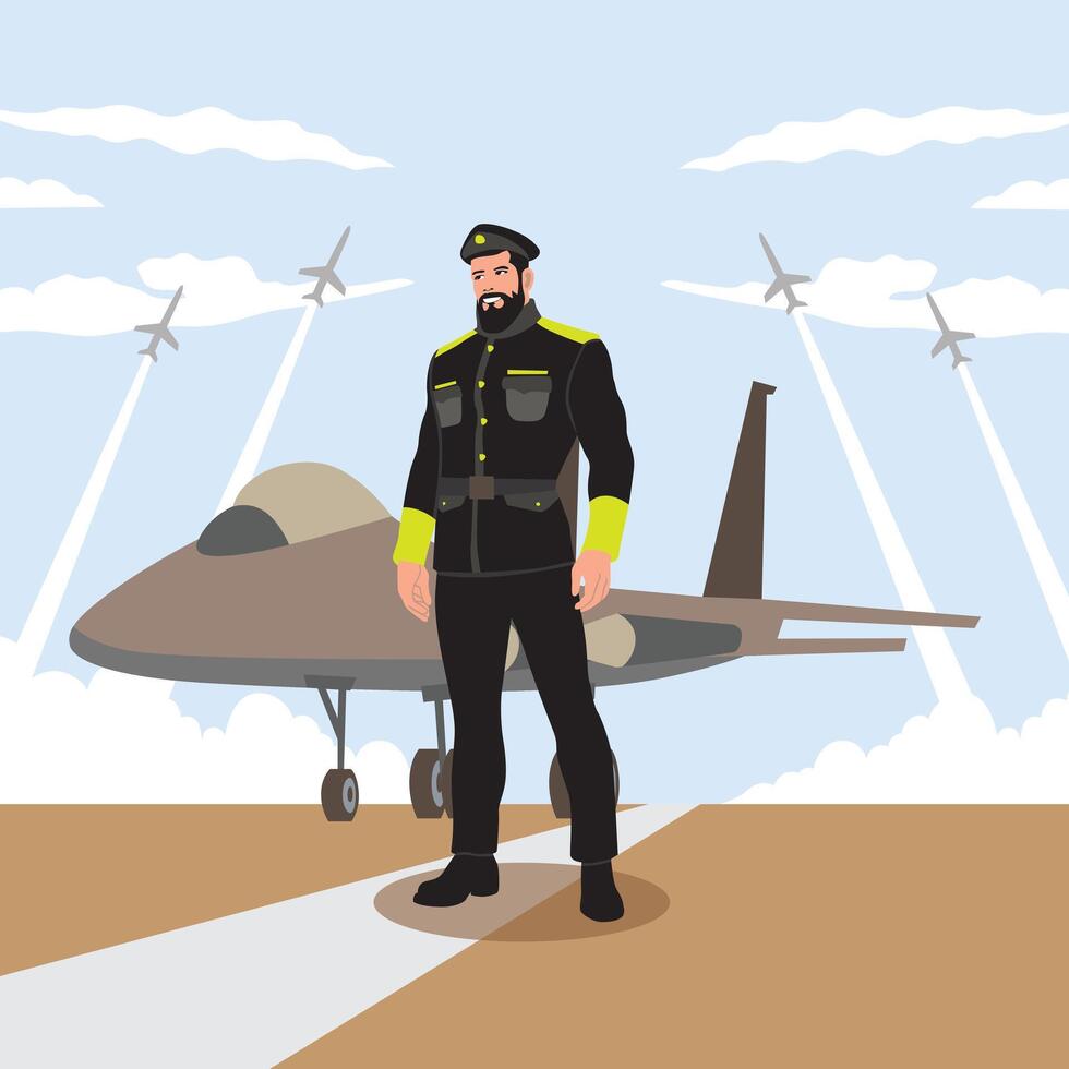 vettore illustrazione di un' pilota in piedi su il pista di decollo con un aereo.