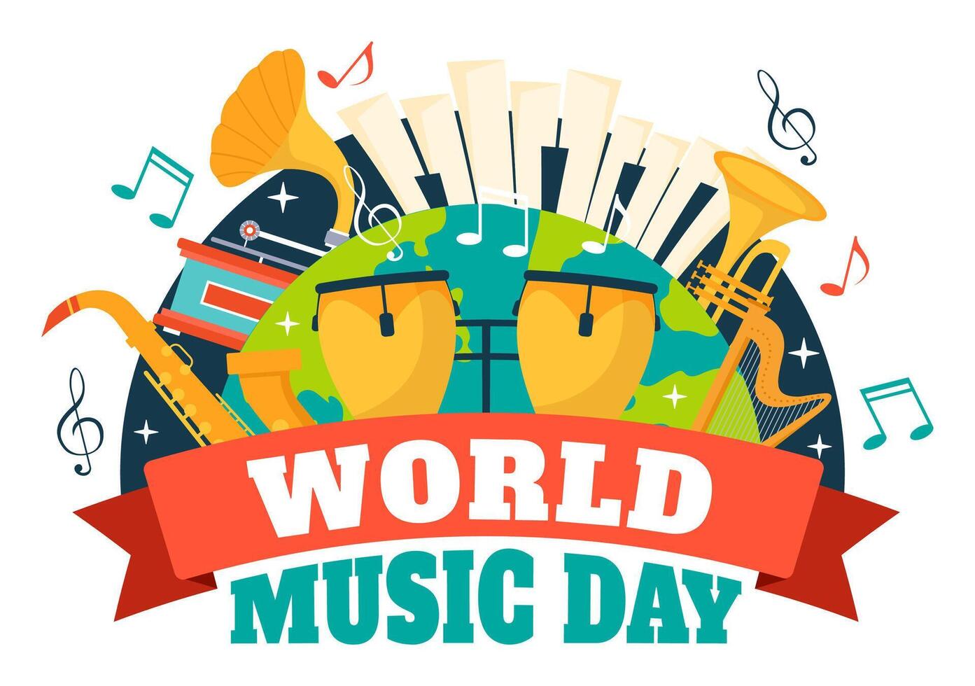 mondo musica giorno vettore illustrazione su 21 giugno con vario musicale strumenti e Appunti nel piatto cartone animato sfondo design