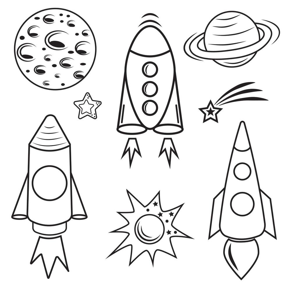 un' impostato di spazio isolato icone di pianeti, satelliti, ufo e razzi. vettore illustrazione