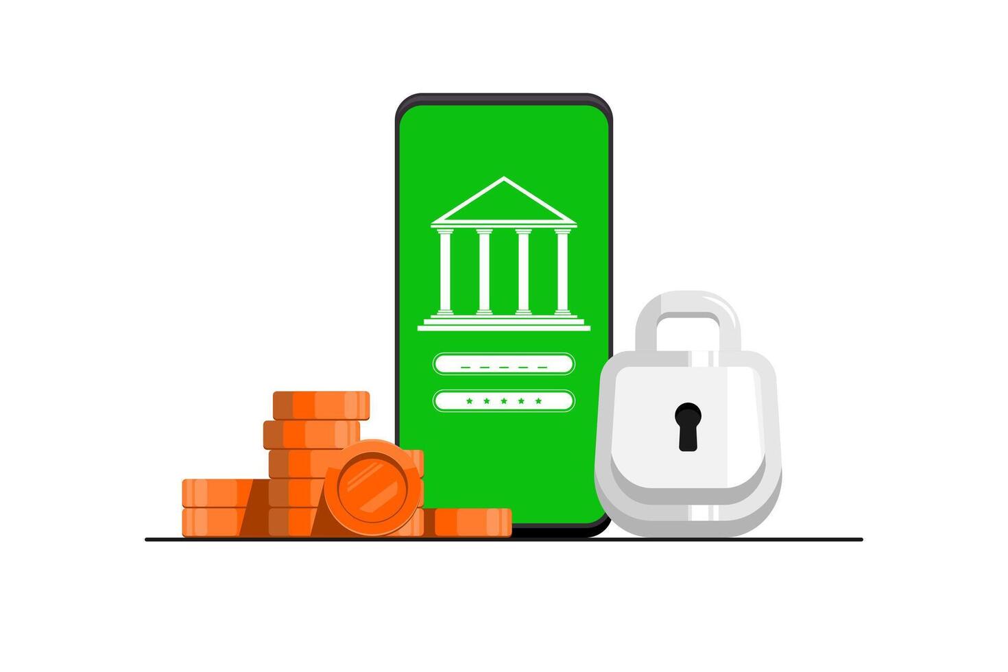 sicurezza sicuro finanziario applicazione concetto, smartphone con oro moneta, serratura su isolato sfondo, digitale marketing illustrazione. vettore