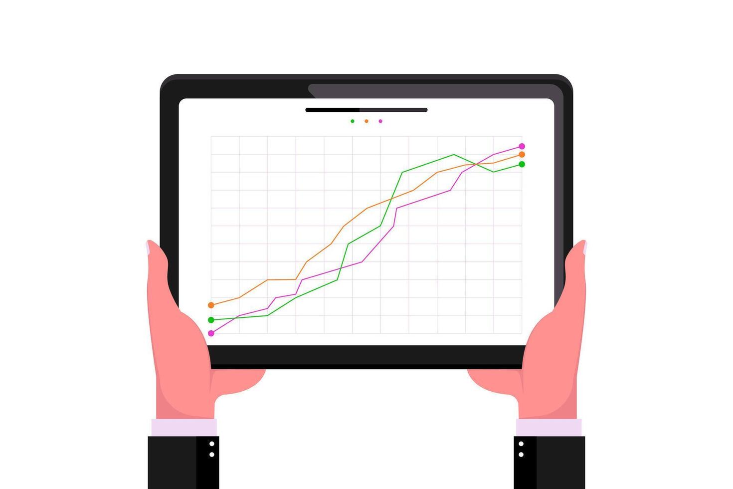 analisi in crescita Linee grafico su tavoletta con umano mano su isolato sfondo, digitale marketing illustrazione. vettore