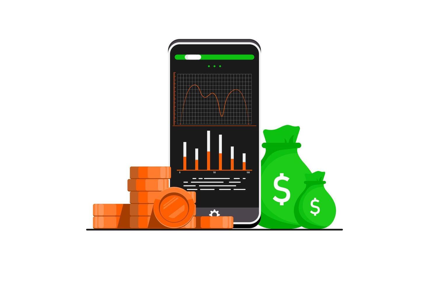 analisi finanziario commercio tendenze grafico su mobile, inteligente Telefono con oro moneta su isolato sfondo, digitale marketing illustrazione. vettore