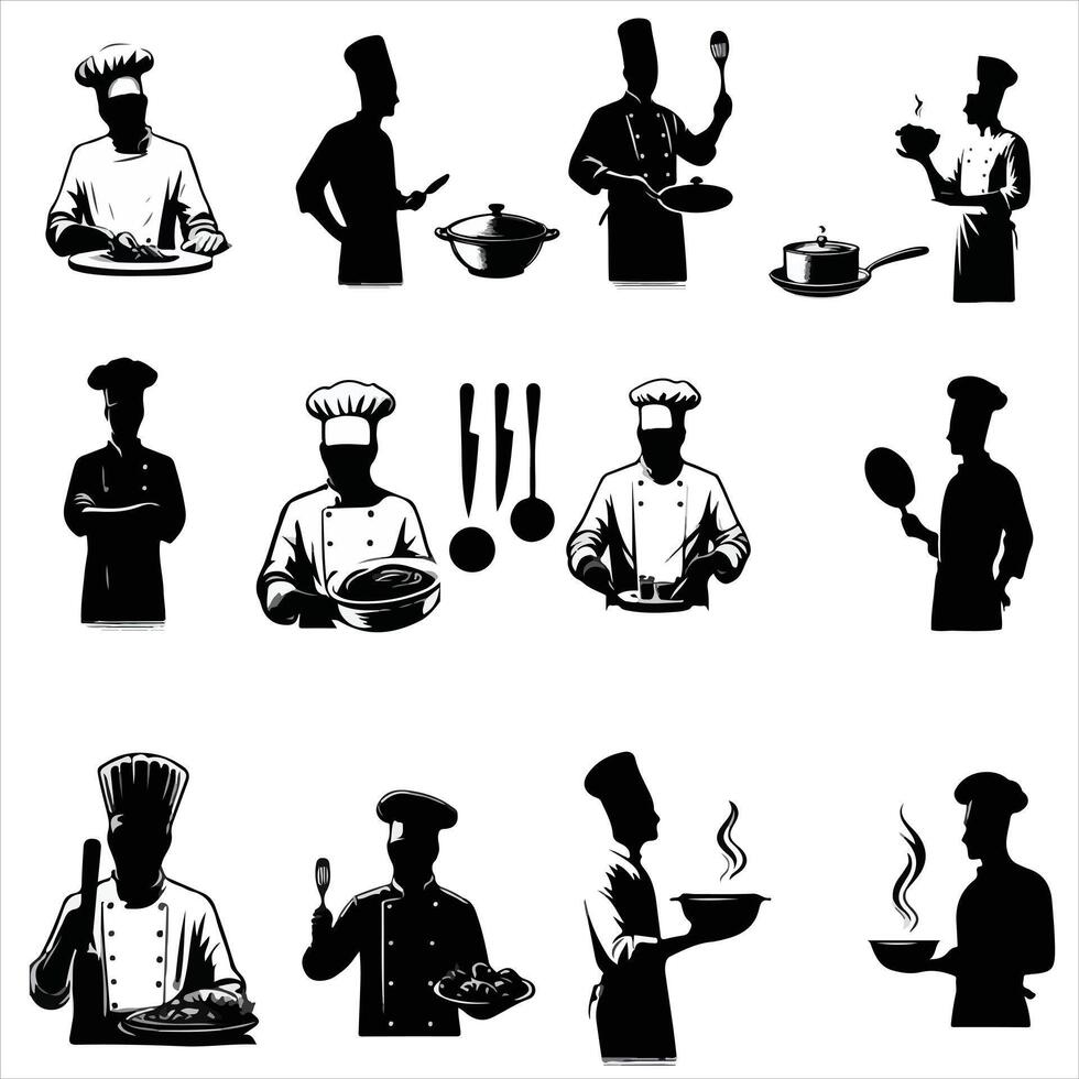 printchef silhouette , capocuoco pose silhouette , capocuoco in piedi silhouette , cucinando silhouette , cibo silhouette , capocuoco personaggio silhouette , cucina silhouette vettore