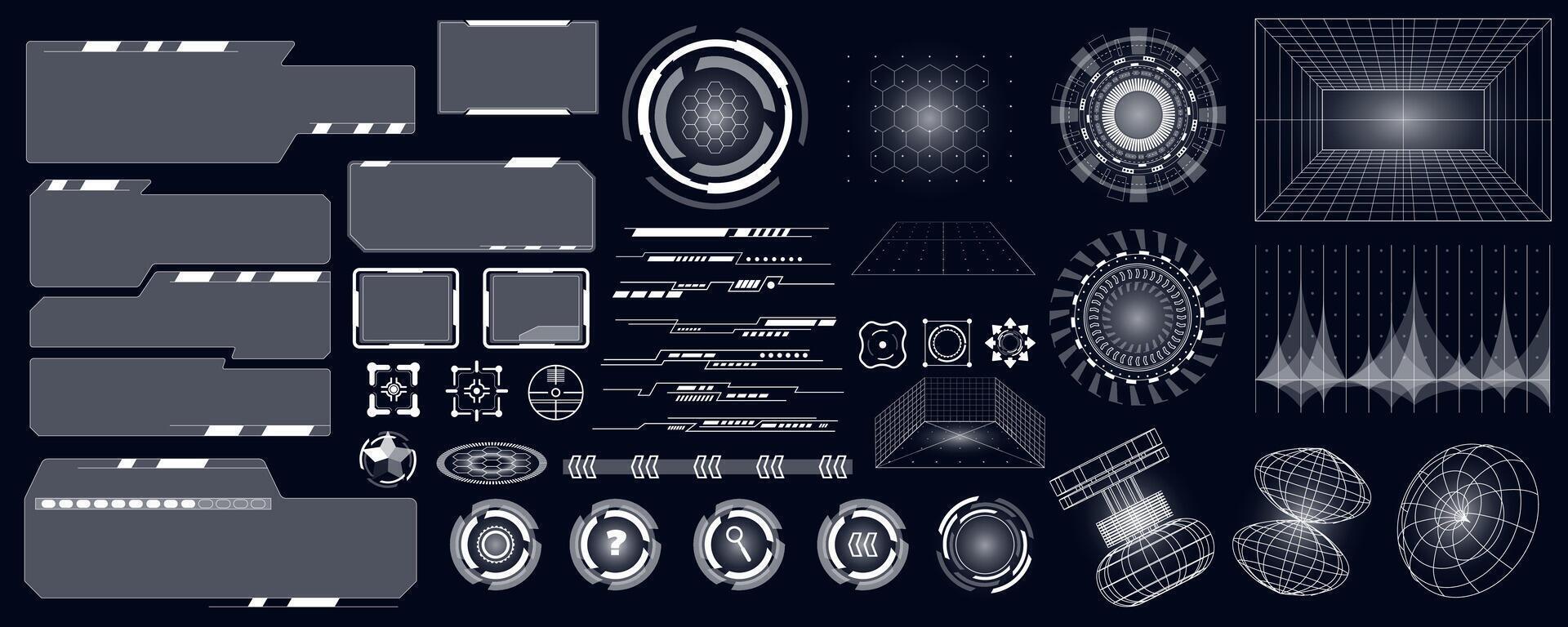cyberpunk futuristico utente interfaccia mega impostato nel piatto design. fascio elementi di hud Pannello, gui elementi, vr ologramma, ui modelli con pulsanti, barre. vettore illustrazione isolato grafico oggetti