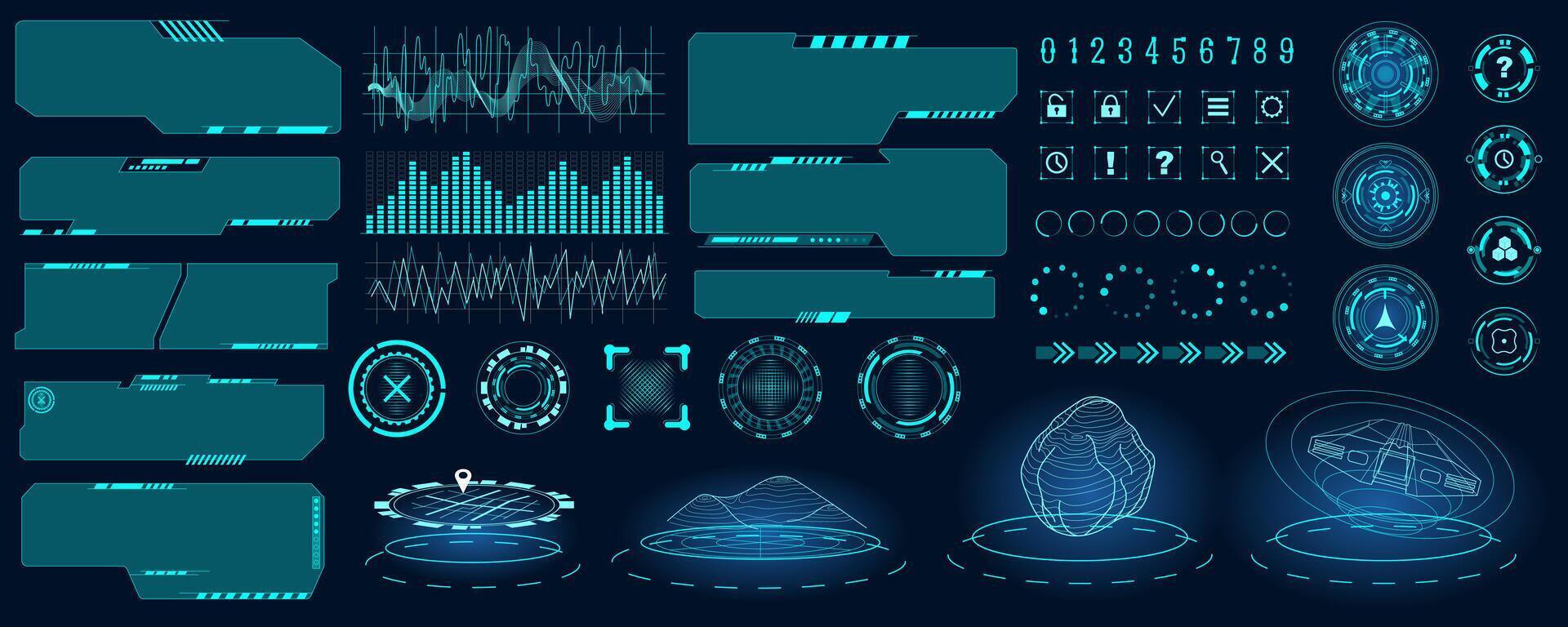 futuristico utente interfaccia mega impostato nel piatto design. fascio elementi di gui elemento Pannello, ui schermi modelli con pulsanti, virtuale la realtà ologrammi. vettore illustrazione isolato grafico oggetti