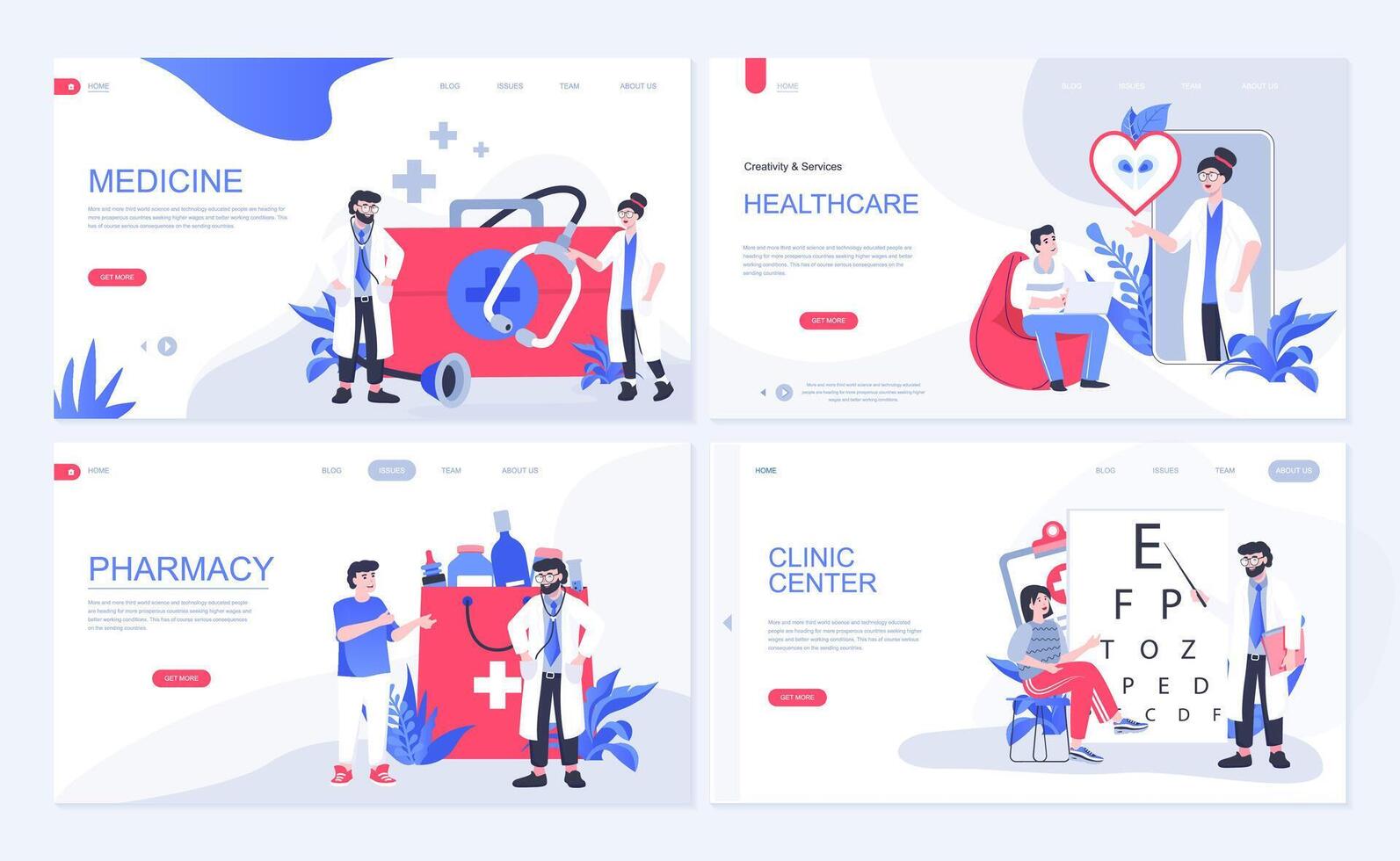 medicina e assistenza sanitaria ragnatela concetto per atterraggio pagina nel piatto design. medico consultazione, paziente visite terapista a clinica centro, farmacia. vettore illustrazione con persone personaggi per homepage