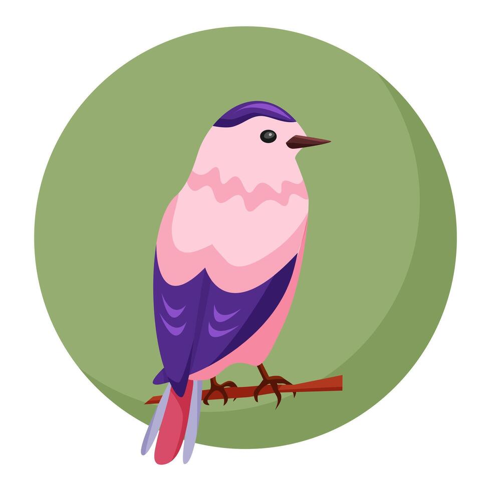 il design di piccolo uccello nel rosa e viola nel cartone animato stile. uccello su verde sfondo a partire dal cerchio per il design di layout, carte e infografica. minimalista primavera composizione. vettore