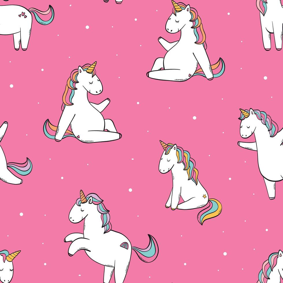 carino unicorni asilo senza soluzione di continuità modello con cartone animato elementi su rosa sfondo per sfondo, tessile stampe, asilo arredamento, abbigliamento, involucro carta, eccetera. eps 10 vettore
