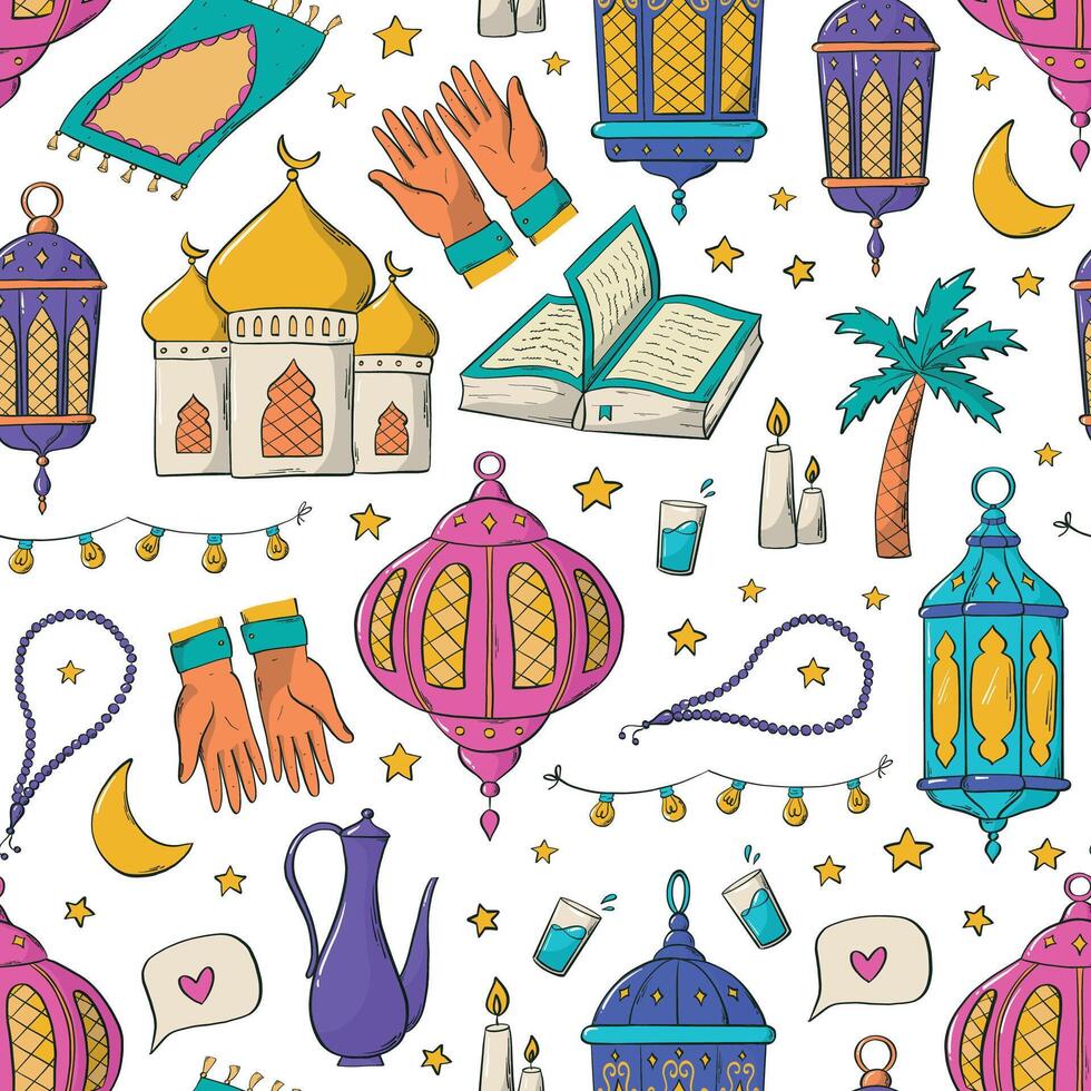 Ramadan senza soluzione di continuità modello con colorato scarabocchi, cartone animato oggetti per sfondo, scrapbooking, confezione, tessile stampe, involucro carta, sfondi, eccetera. eps 10 vettore