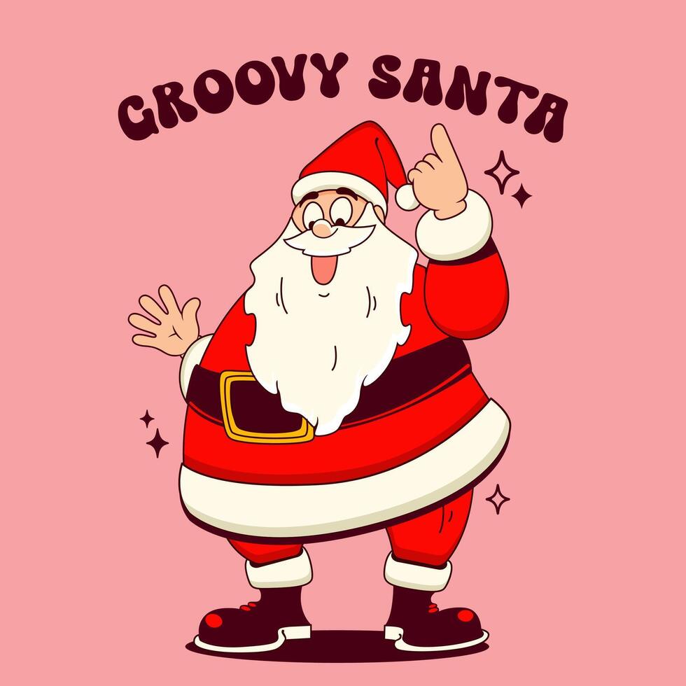 Groovy Santa Claus nel di moda cartone animato stile. vettore