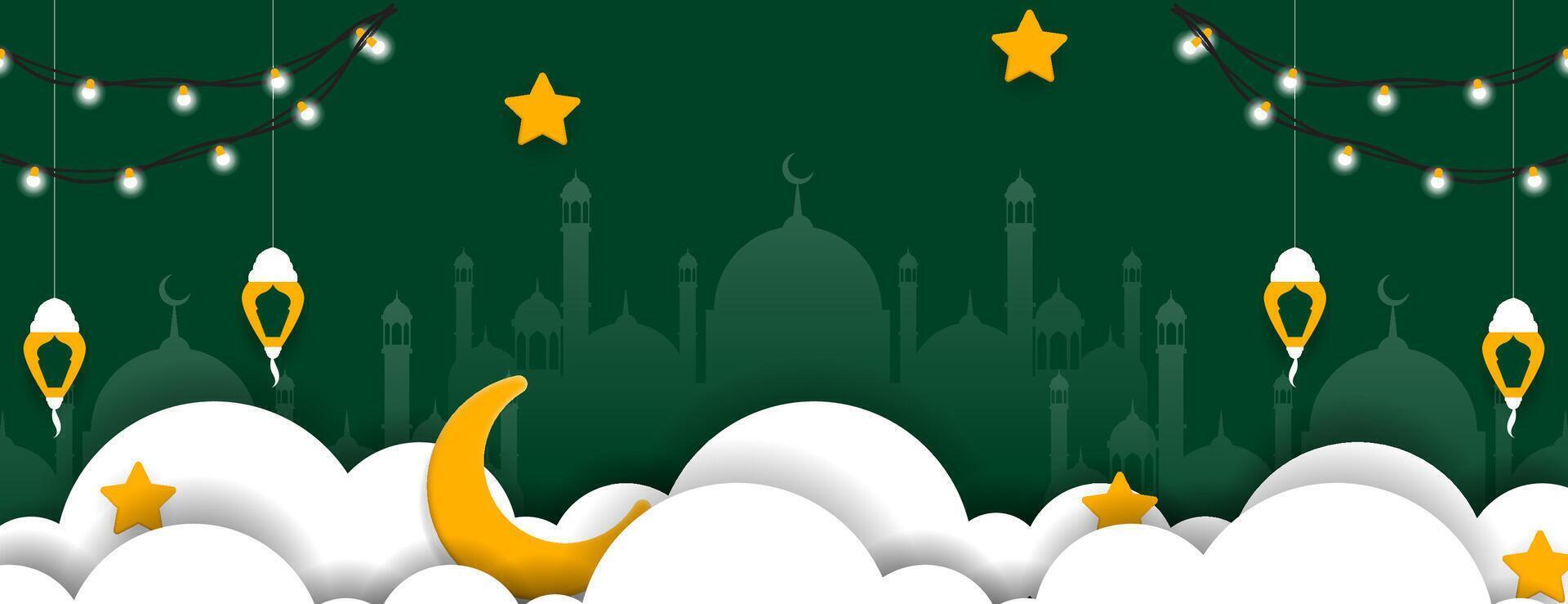 islamico sfondo con lanterna, moschea, nube, mezzaluna e stelle nel verde, bianca e oro colore. vettore illustrazione