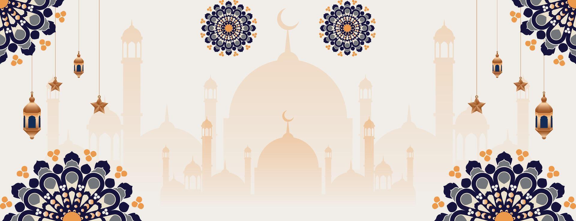 islamico sfondo con mandala, lanterne, stelle e moschea. grande per Ramadan kareem striscione, eid mubarak striscione, e altro islamico celebrazioni. vettore illustrazione