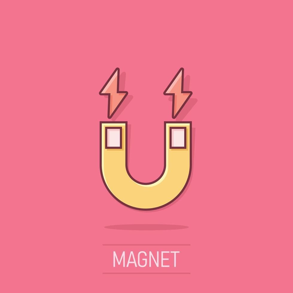 magnete icona nel comico stile. attirare cartone animato vettore illustrazione su isolato sfondo. elettromagnetico spruzzo effetto attività commerciale concetto.