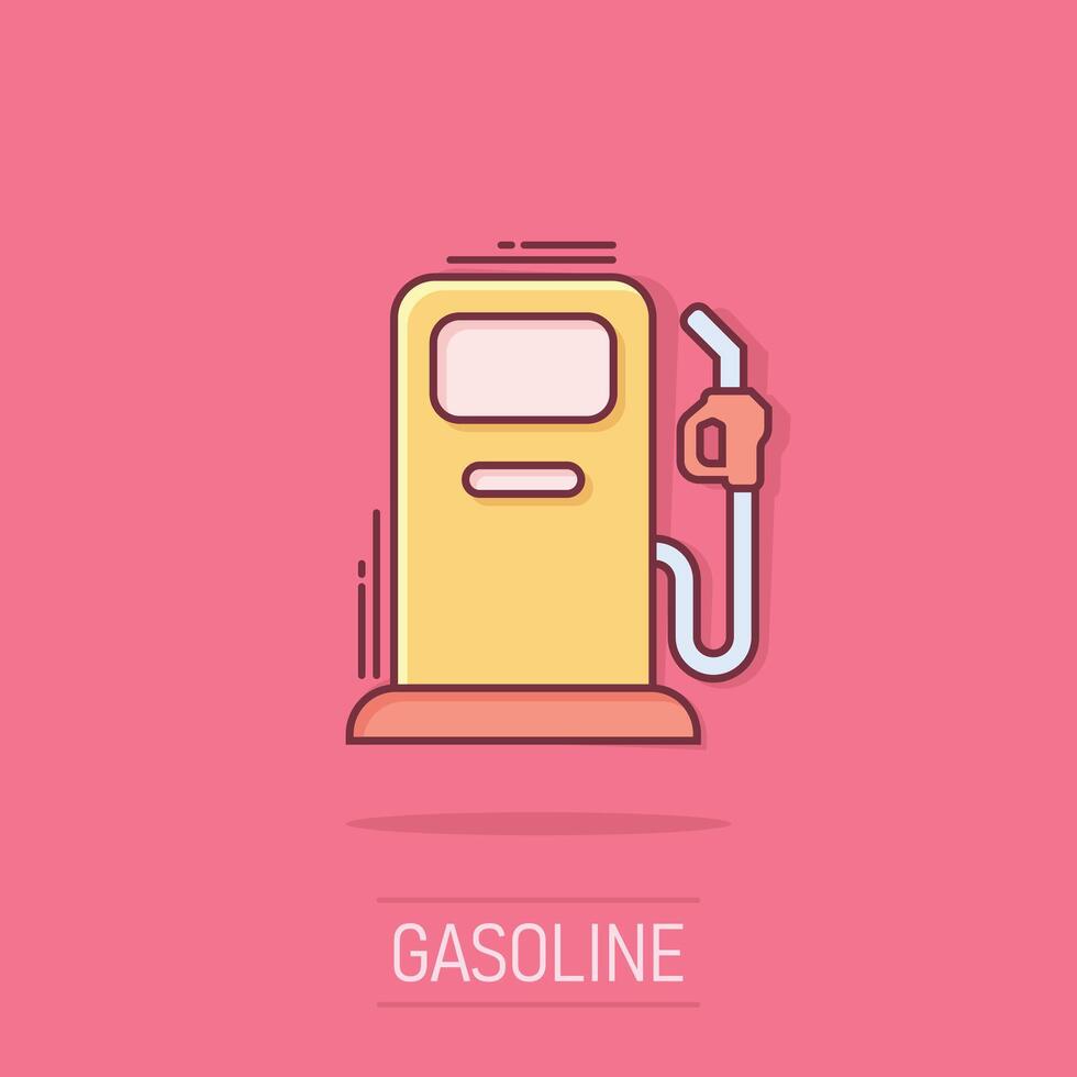 carburante pompa icona nel comico stile. gas stazione cartone animato cartello vettore illustrazione su bianca isolato sfondo. benzina spruzzo effetto attività commerciale concetto.