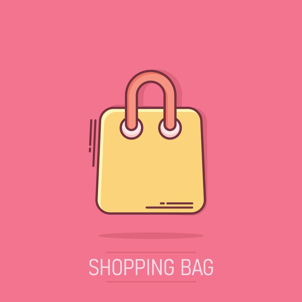 shopping Borsa icona nel comico stile. borsetta cartone animato cartello vettore illustrazione su bianca isolato sfondo. pacchetto spruzzo effetto attività commerciale concetto.