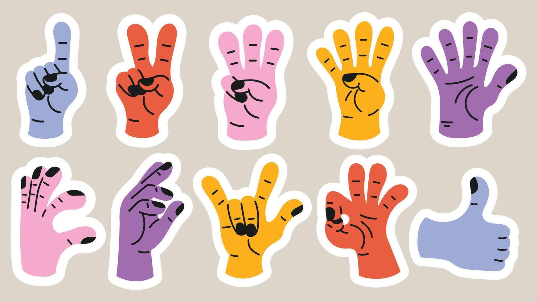 collezione di gesto segni a partire dal umano mani. un' impostato di dita mostrando emozioni e indicazioni. gesto dito nel piatto design. comunicazione espressioni con mano cartello nel di moda stile. vettore icona