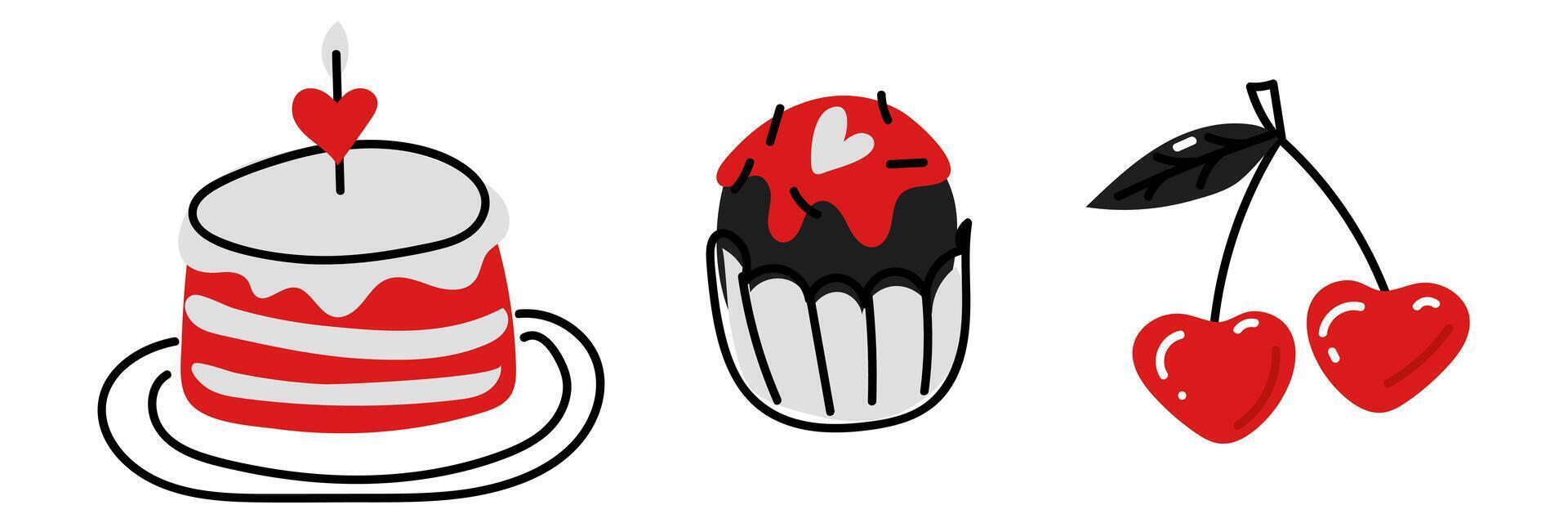 impostato di torta, focaccina, ciliegia. schizzi di scarabocchio cupcakes con cuori. al forno dolce per un' San Valentino giorno festa. oggetti disegnato di mano. lineare schizzo di il batteria. con amore scarabocchio piatto illustrazione vettore