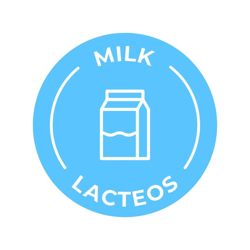 isolato vettore logo distintivo ingrediente avvertimento etichetta. colorato allergeni icone. cibo intolleranza latte. scritto nel spagnolo e inglese