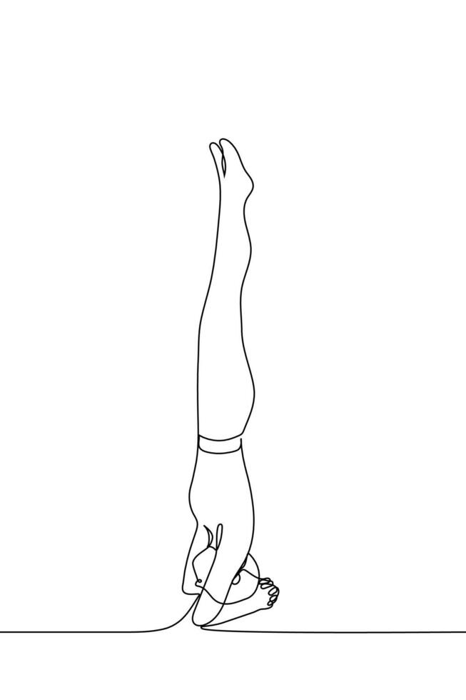 donna in piedi con sua testa giù nel un' avambraccio In piedi - vettore disegno nel uno linea. yoga concetto a casa, fisico attività, allenarsi