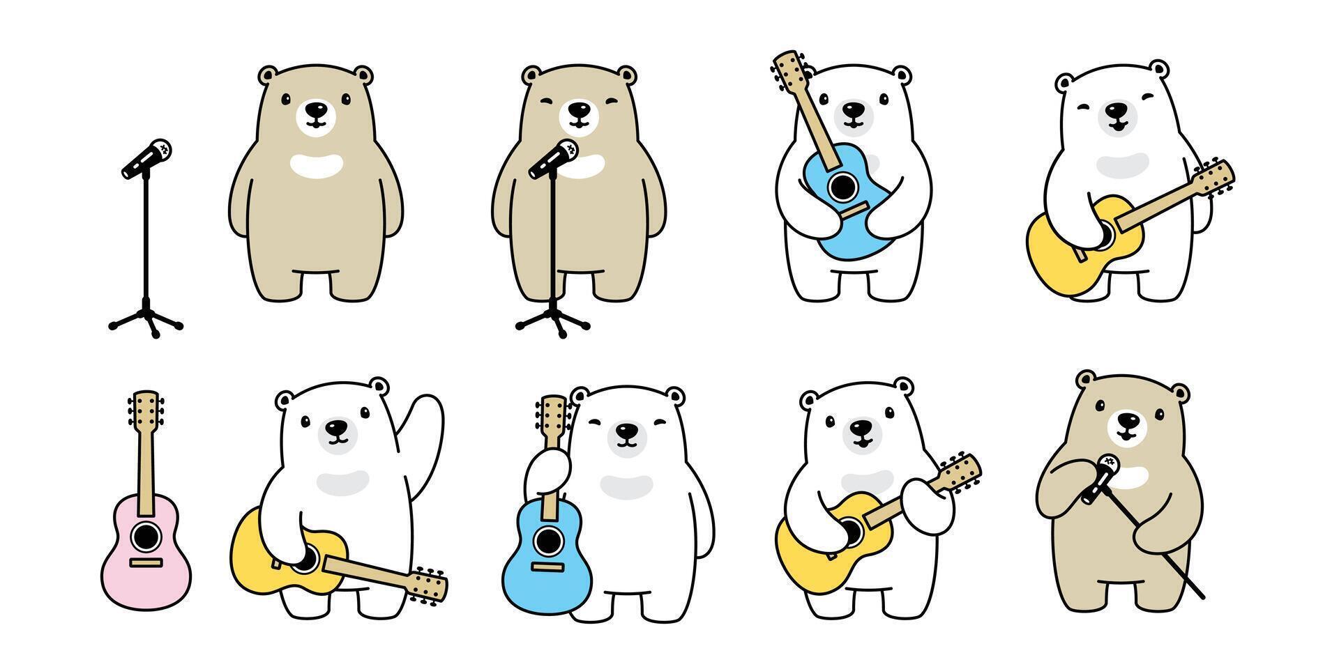 orso vettore chitarra polare orso basso ukulele musica cantante icona orsacchiotto logo simbolo personaggio cartone animato scarabocchio illustrazione design