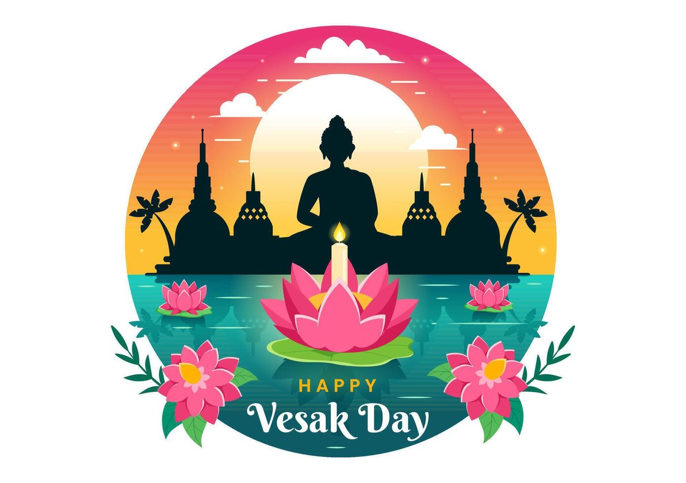 Vesak giorno celebrazione vettore illustrazione con tempio silhouette, loto fiore, lanterna o Budda persona nel vacanza piatto cartone animato sfondo