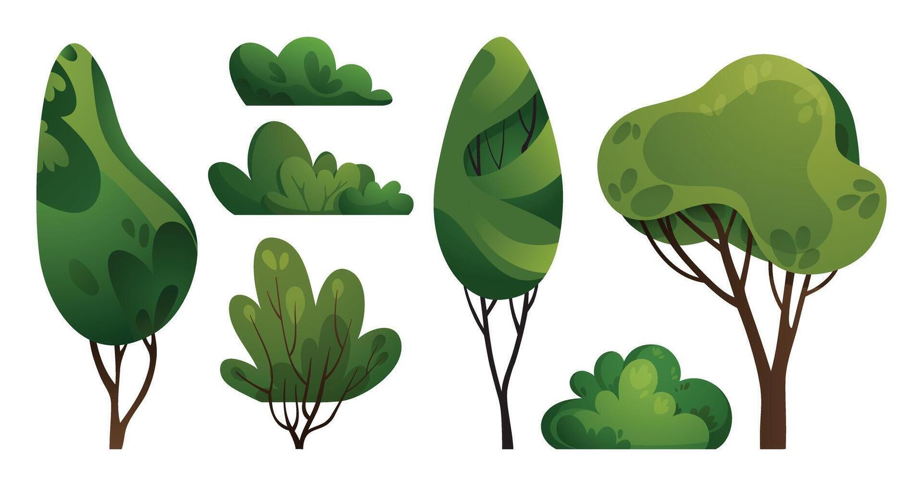 verde alberi e cespugli impostare. foresta, giardino, o parco paesaggio impianti. collezione di primavera o estate vegetazione vettore illustrazioni. cartone animato impianti collezione per striscioni, carte, copertine, ragnatela design.