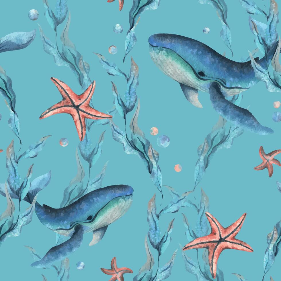 subacqueo mondo clipart con mare animali balena, stella marina, bolle e alghe. mano disegnato acquerello illustrazione. senza soluzione di continuità modello su un' blu sfondo. vettore