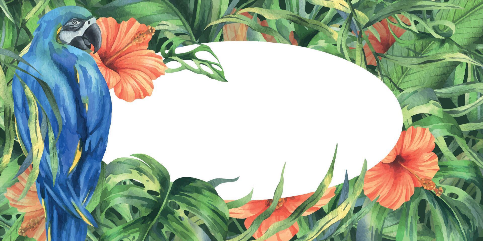 tropicale palma foglie, Monstera e fiori di ibisco, luminosa succoso con blu-giallo ara pappagallo. mano disegnato acquerello botanico illustrazione. modello, telaio isolato a partire dal il sfondo vettore