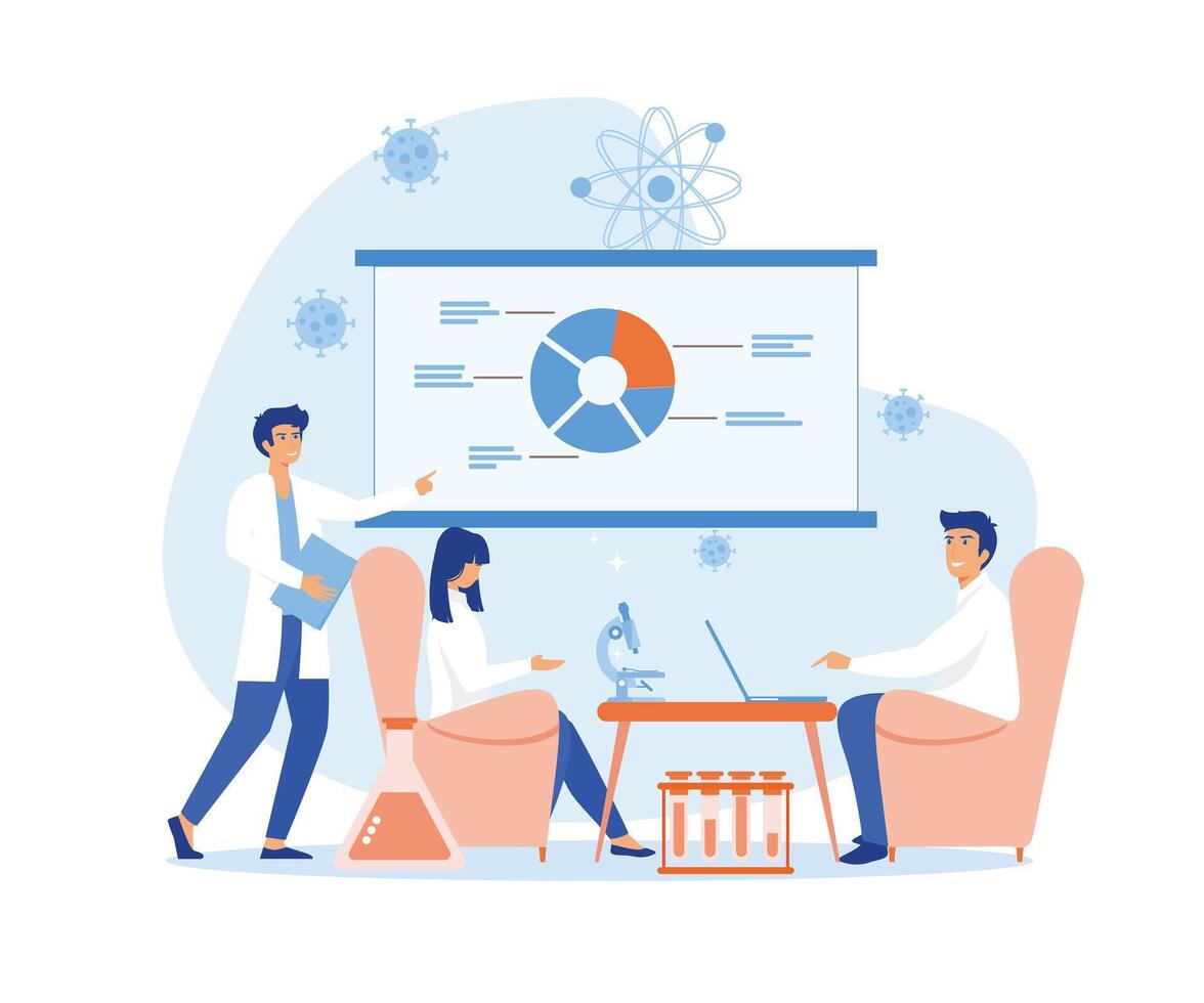 scienziati uomini e donne Lavorando a scienza laboratorio. laboratorio interno, attrezzatura e laboratorio cristalleria. piatto vettore moderno illustrazione
