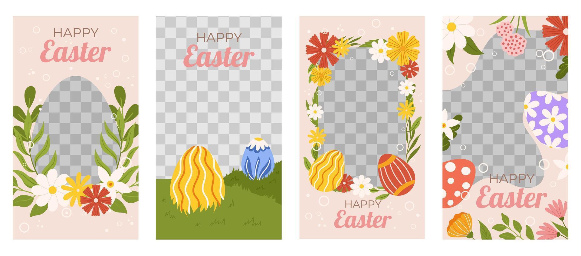 Pasqua collezione di verticale sociale media modello. design con trasparente telaio per foto decorato con dipinto uova, fiori e le foglie. primavera vacanza saluto carta vettore