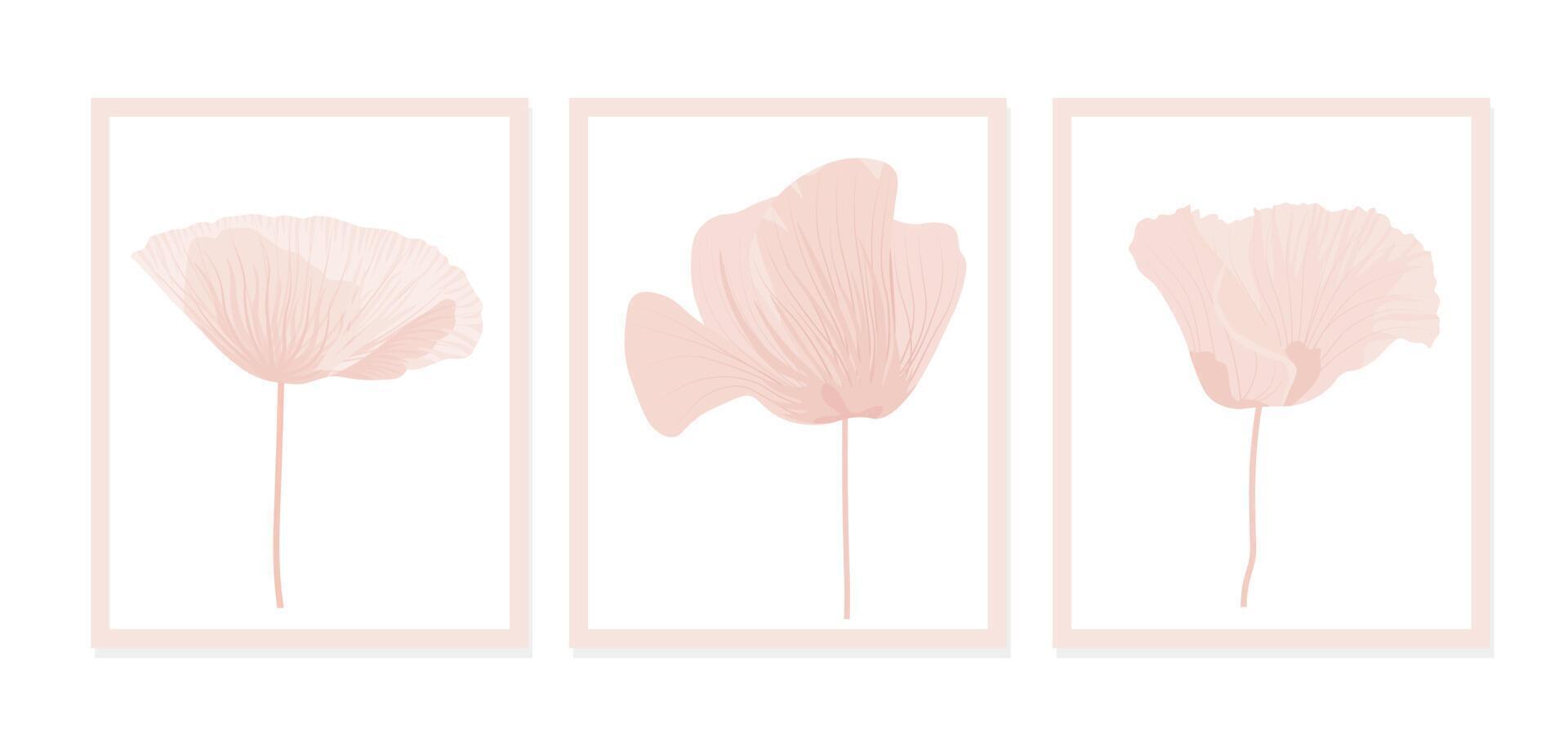 set di illustrazioni di fiori rosa per la decorazione della parete, cartoline, banner per social media, sfondo del design della copertina dell'opuscolo. opera d'arte moderna della pittura astratta. modello vettoriale