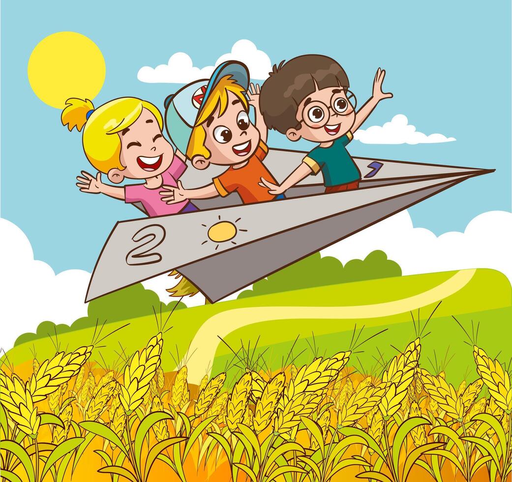 cartone animato bambini volante con carta aereo.bambini cavalcata carta aereo vettore illustrazione