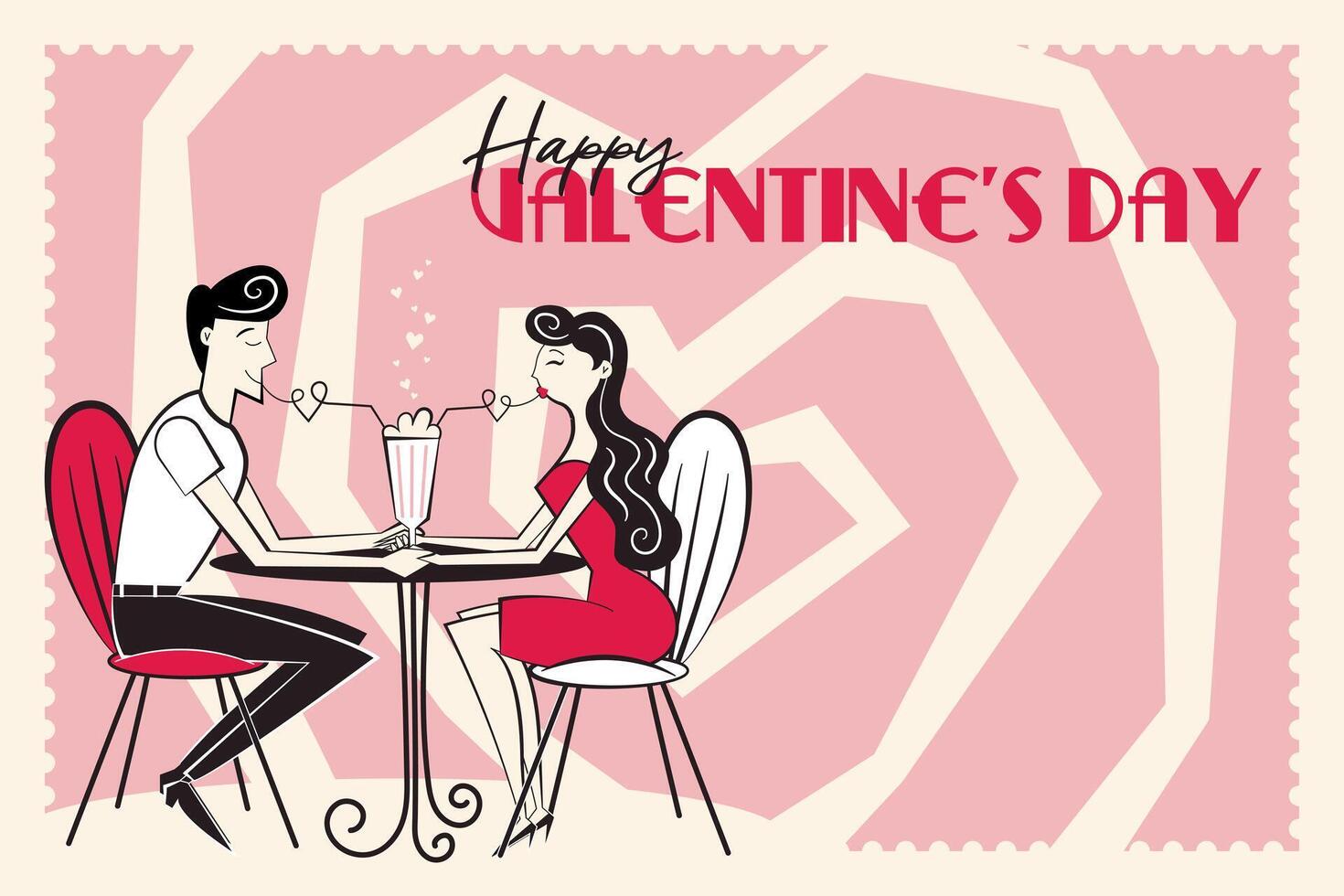 felice San Valentino giorno striscione, indietro. orizzontale manifesto con coppia nel bar nel di moda retrò stile di 60s anni '70. vettore illustrazione.