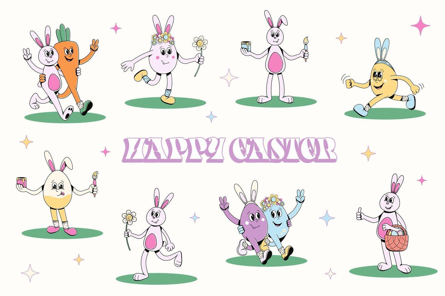 retrò Groovy Pasqua impostare. Pasqua coniglietto e Pasqua uovo personaggi nel di moda hippie cartone animato 60s 70s stile. piatto vettore mano disegnato illustrazione impostare.